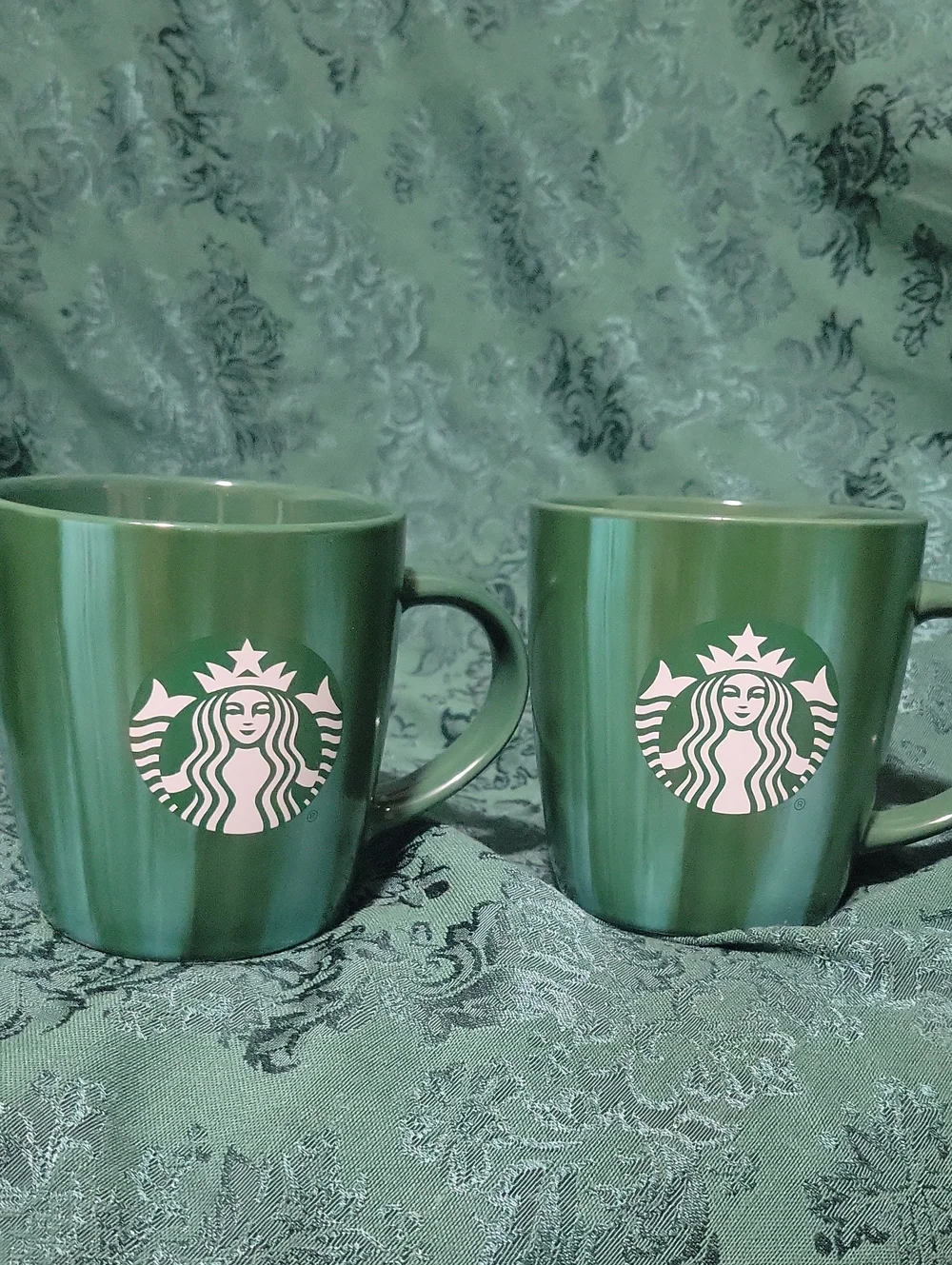 Starbucks Dark Green Ceramic Mugs with White Siren Logo - Set of 2. 12 Oz.